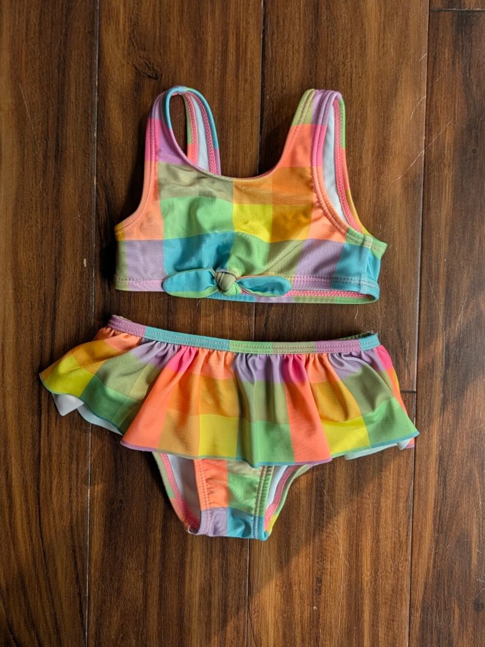 Cat & Jack Rainbow Gingham Two Piece Swim Suit, 18m, EUC